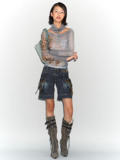 Flowers birds Market Low Rise Washed Denim Cargo Shorts