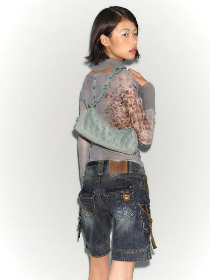 Low Rise Washed Denim Cargo Shorts