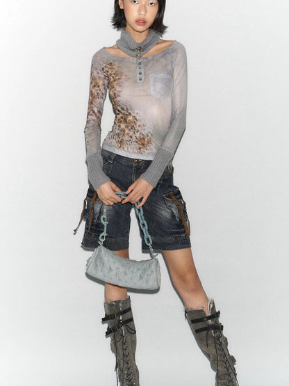 Low Rise Washed Denim Cargo Shorts