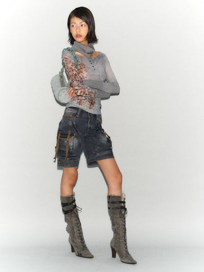 Low Rise Washed Denim Cargo Shorts