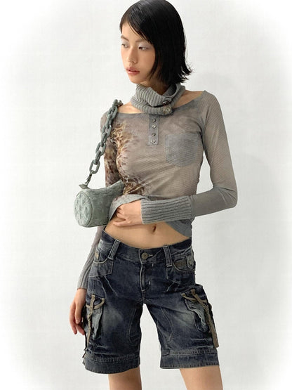 Flowers birds Market Low Rise Washed Denim Cargo Shorts