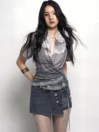 Low Waist Blue Grey Stretch Denim Shorts With Detachable Fur Trim