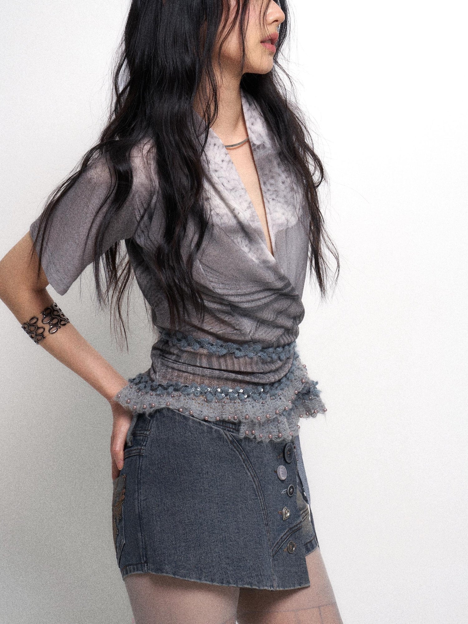 Flowers birds Market Low Waist Blue Grey Stretch Denim Shorts With Detachable Fur Trim