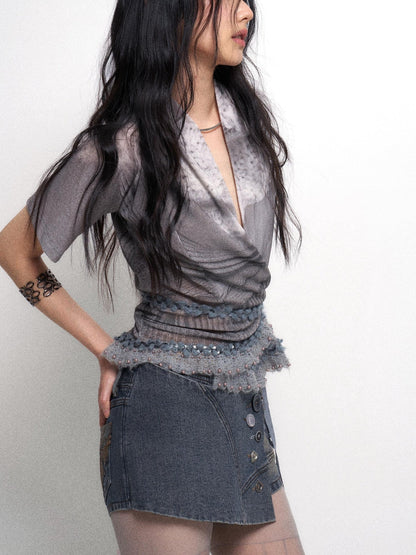 Flowers birds Market Low Waist Blue Grey Stretch Denim Shorts With Detachable Fur Trim