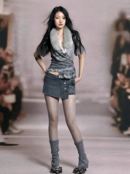 Low Waist Blue Grey Stretch Denim Shorts With Detachable Fur Trim