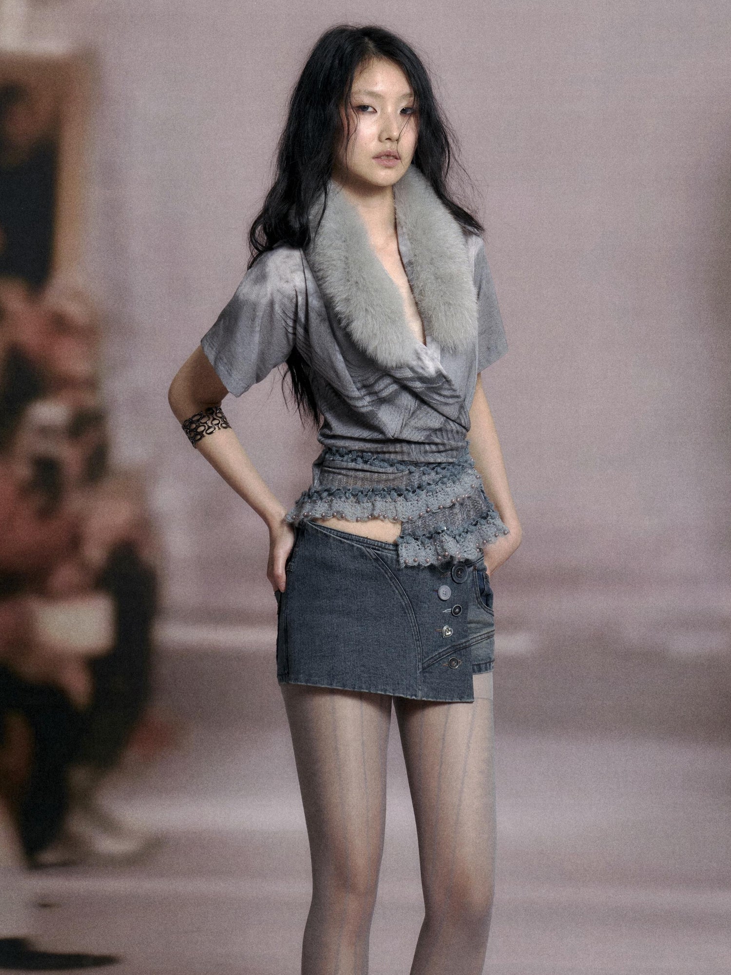 Flowers birds Market Low Waist Blue Grey Stretch Denim Shorts With Detachable Fur Trim