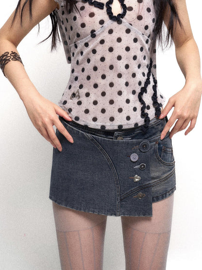 Flowers birds Market Low Waist Blue Grey Stretch Denim Shorts With Detachable Fur Trim