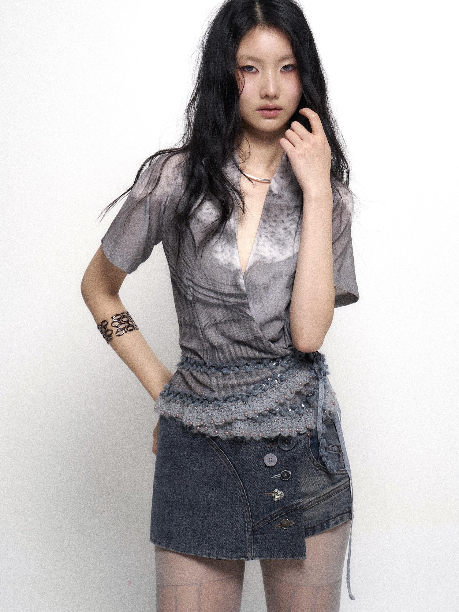 Flowers birds Market Low Waist Blue Grey Stretch Denim Shorts With Detachable Fur Trim