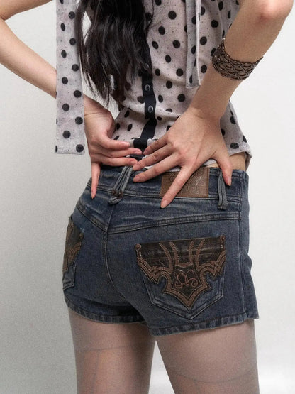 Low Waist Blue Grey Stretch Denim Shorts With Detachable Fur Trim