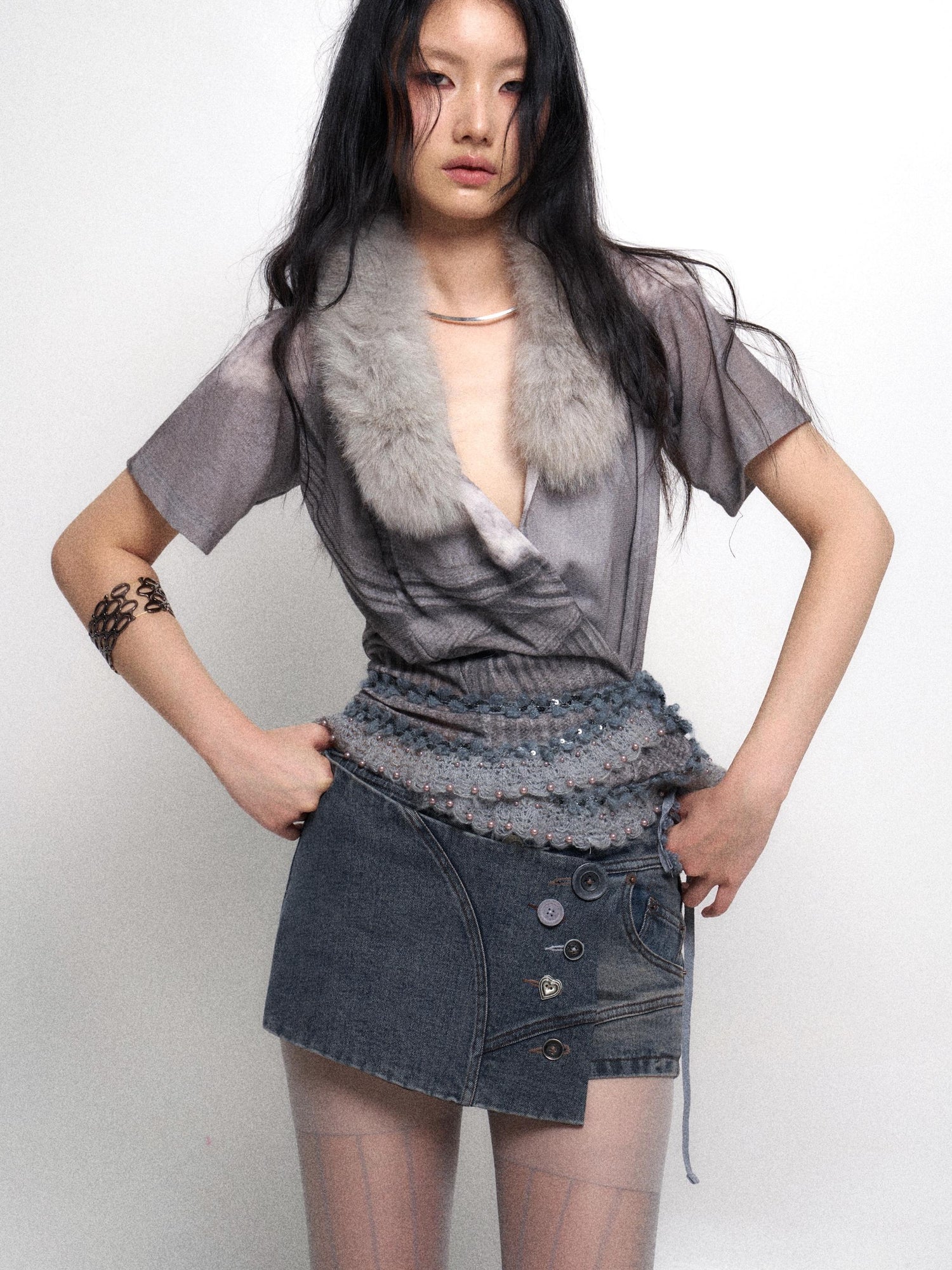 Flowers birds Market Low Waist Blue Grey Stretch Denim Shorts With Detachable Fur Trim