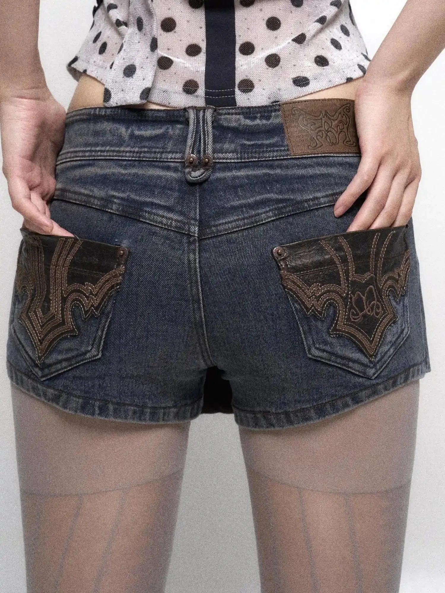 Low Waist Blue Grey Stretch Denim Shorts With Detachable Fur Trim