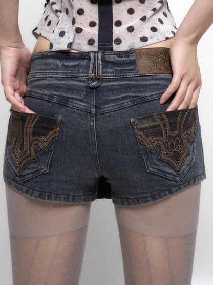 Flowers birds Market Low Waist Blue Grey Stretch Denim Shorts With Detachable Fur Trim