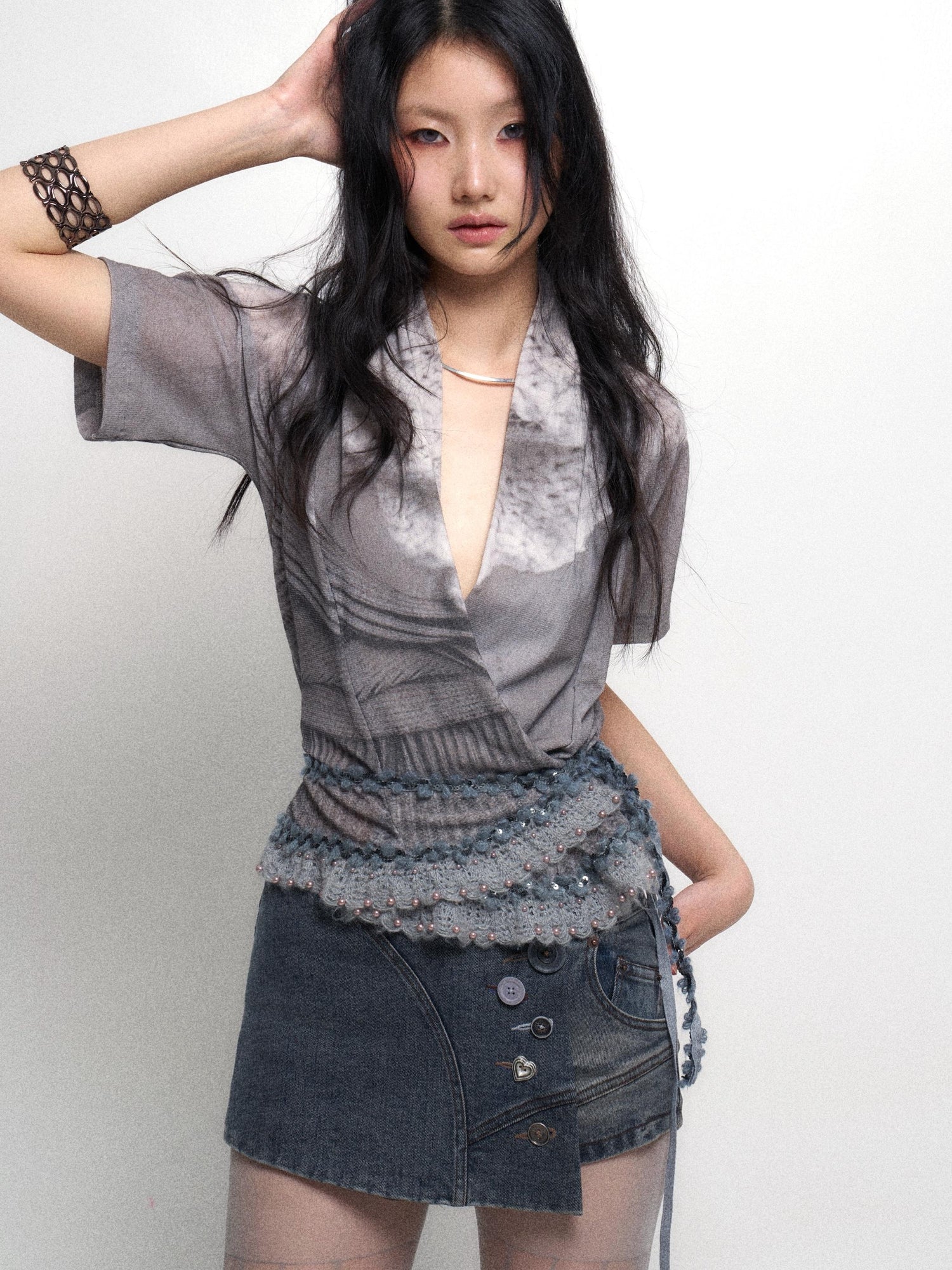 Flowers birds Market Low Waist Blue Grey Stretch Denim Shorts With Detachable Fur Trim