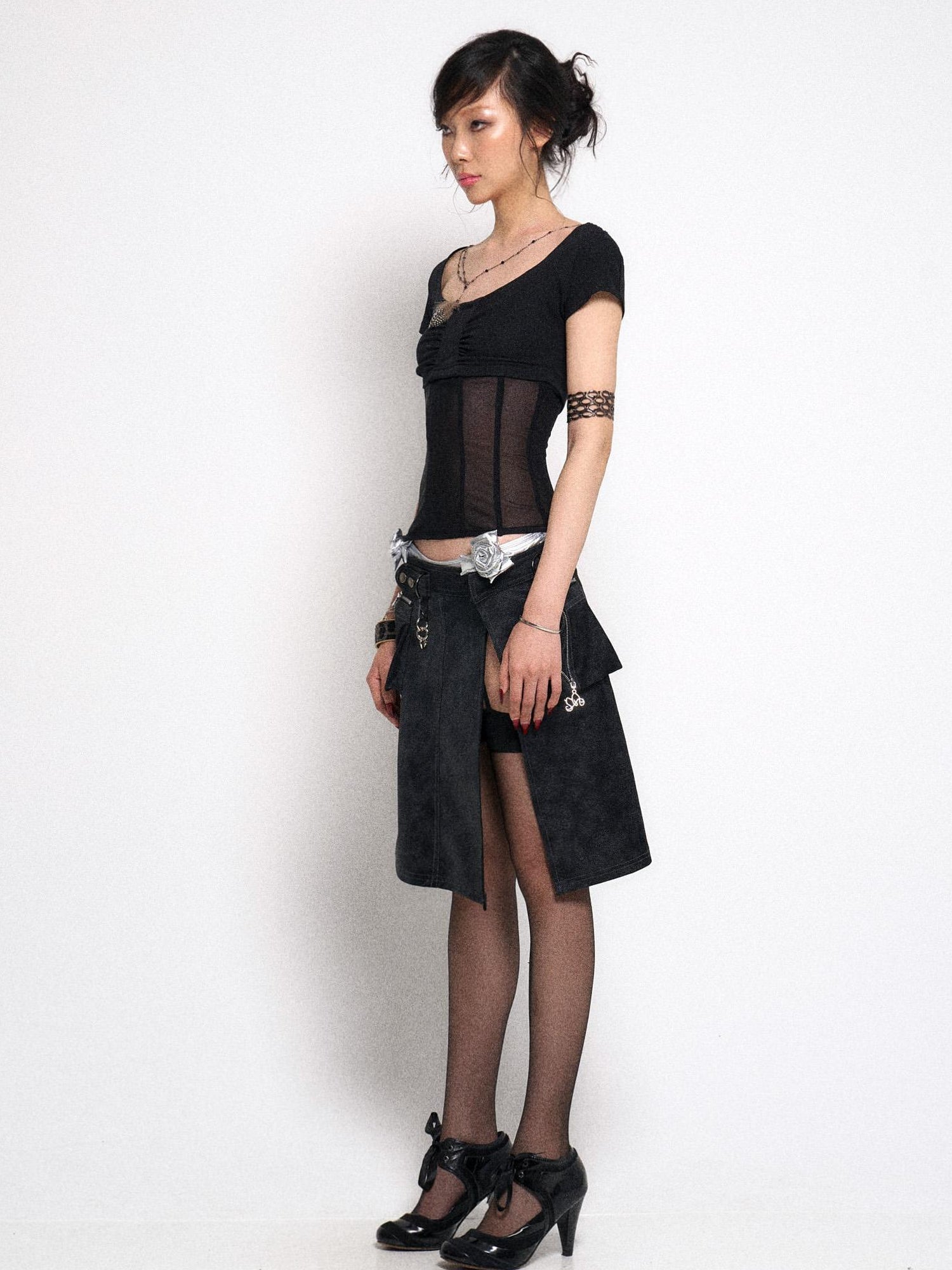 Flowers birds Market Mesh Panel Ribbed Knit Crop Top