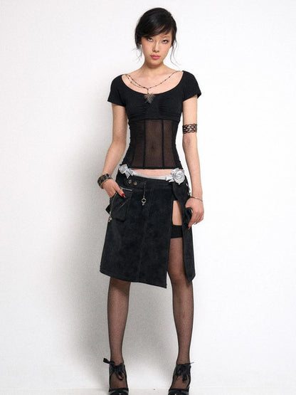 Mesh Panel Ribbed Knit Crop Top