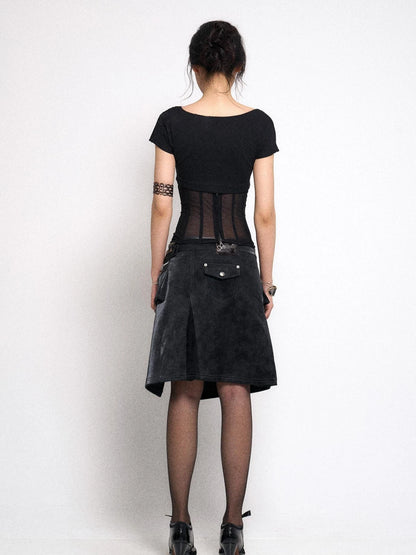 Mesh Panel Ribbed Knit Crop Top