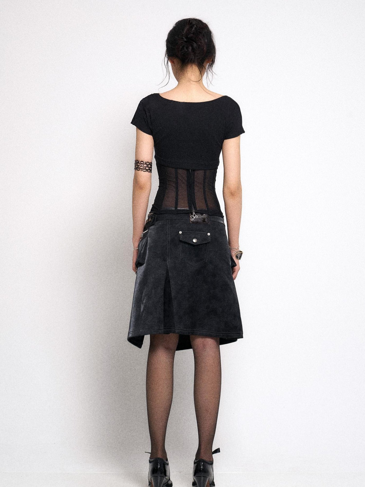 Flowers birds Market Mesh Panel Ribbed Knit Crop Top