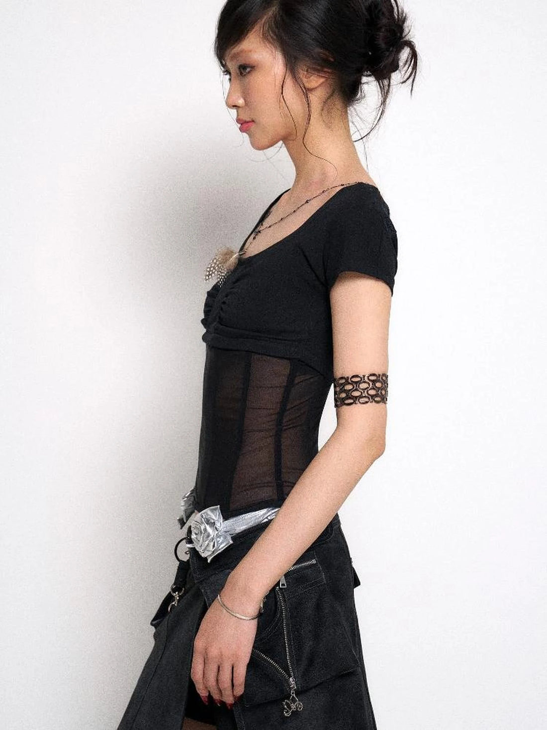 Mesh Panel Ribbed Knit Crop Top