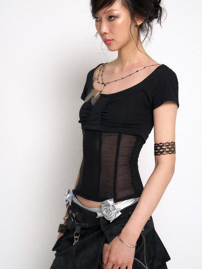 Flowers birds Market Mesh Panel Ribbed Knit Crop Top