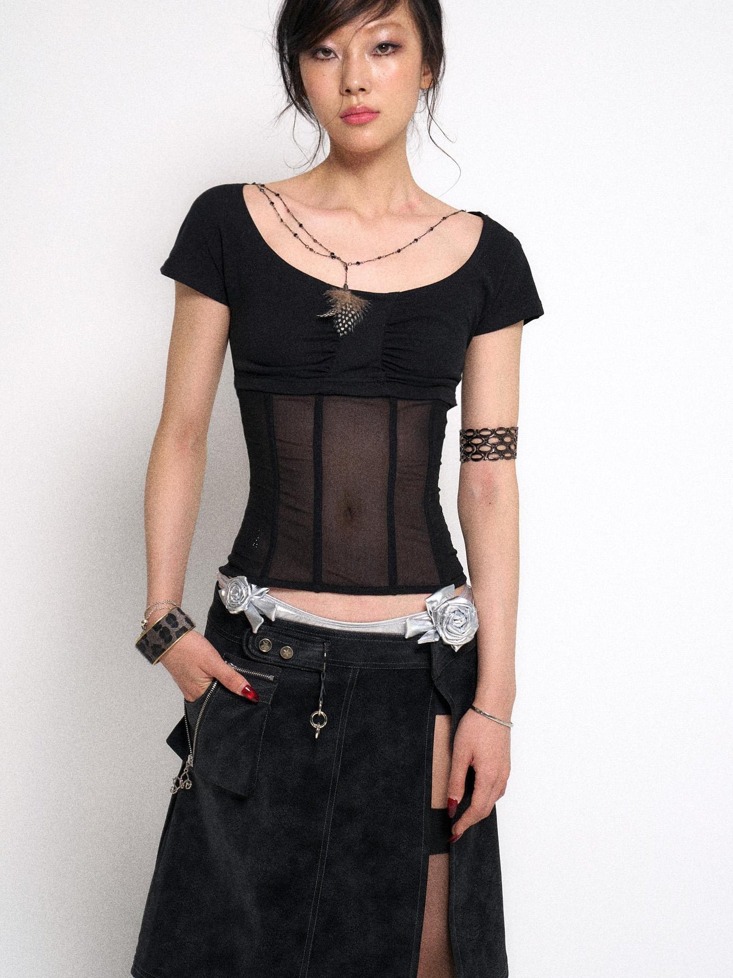 Flowers birds Market Mesh Panel Ribbed Knit Crop Top