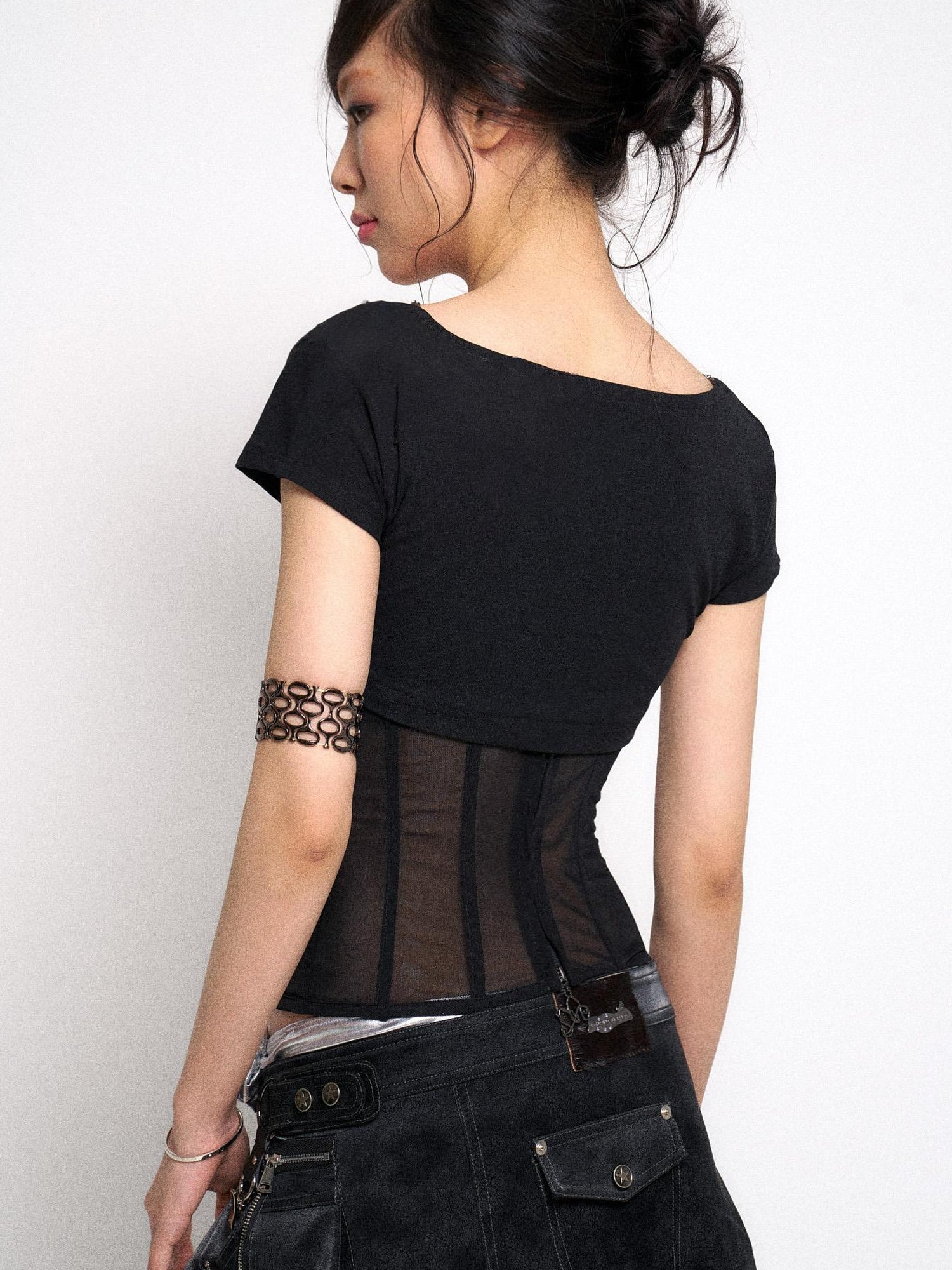 Flowers birds Market Mesh Panel Ribbed Knit Crop Top