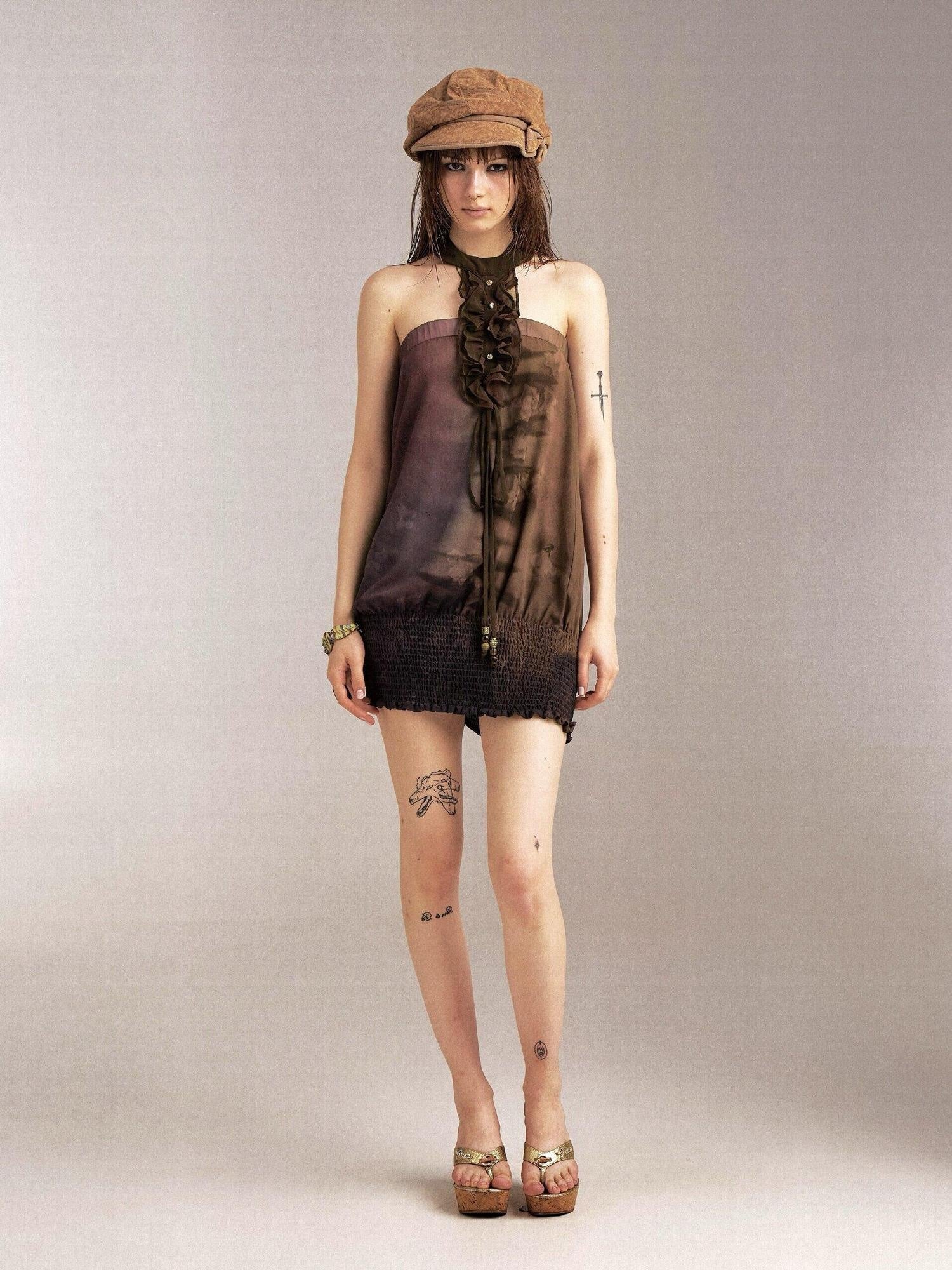 Flowers_birds_Market No Padding Halter Vacation Floral Polyester Strapless Mini Dresses