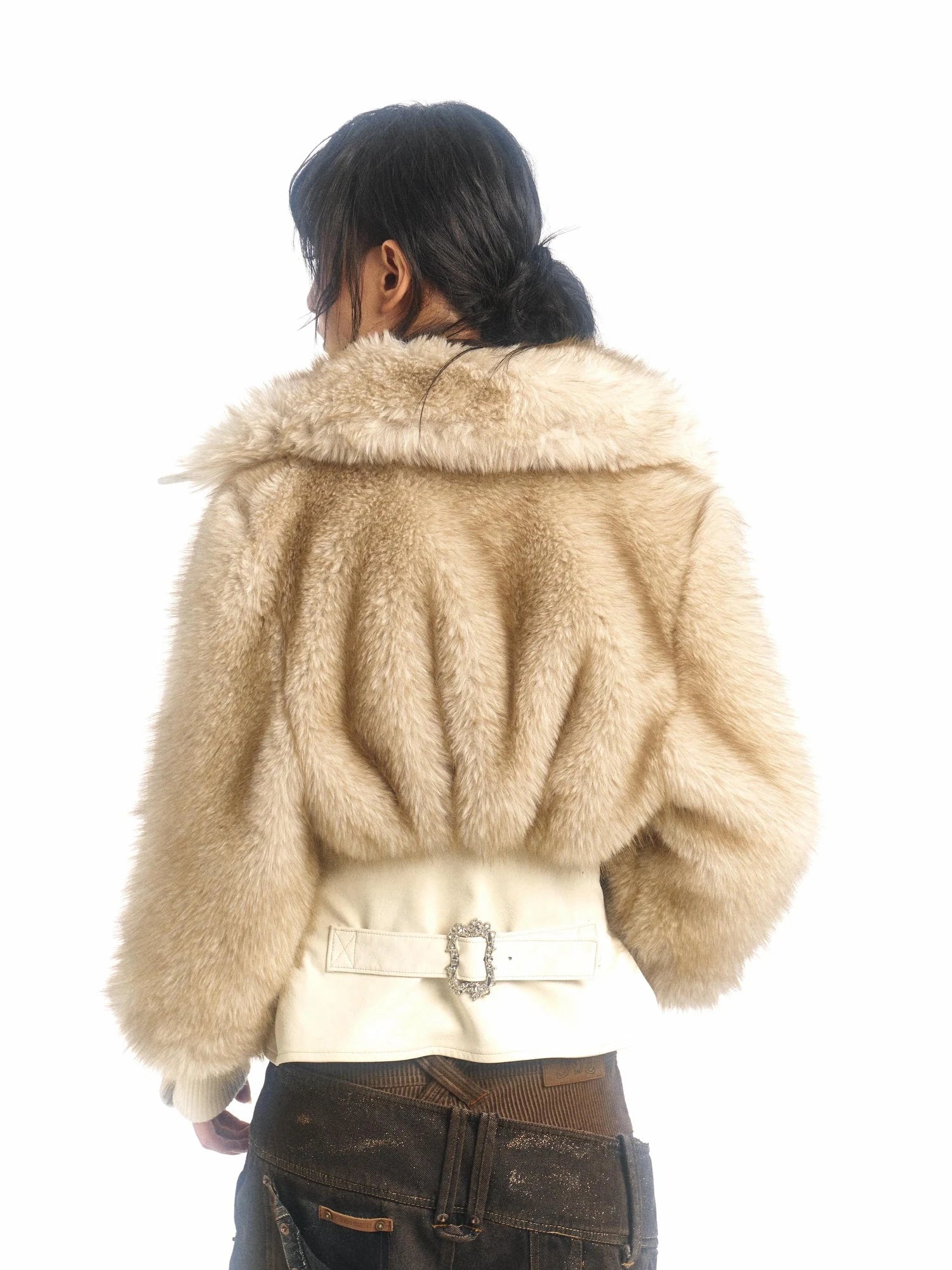 Off White Faux Fur High Neck Slim Fit Jacket With Thick Warm Inner