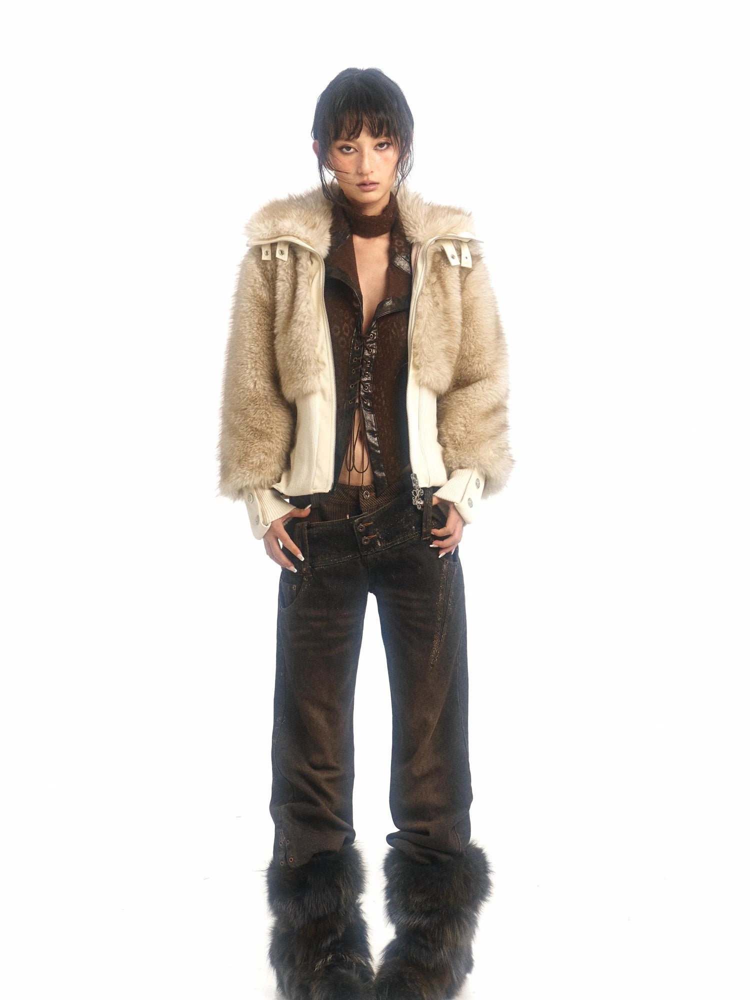 Off White Faux Fur High Neck Slim Fit Jacket With Thick Warm Inner