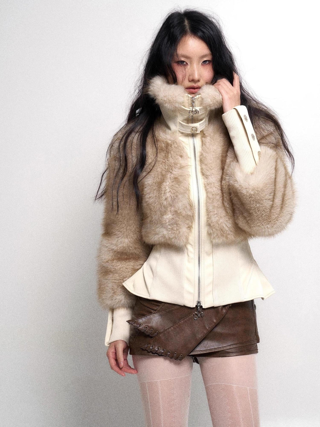 Flowers birds Market Off White Faux Fur High Neck Slim Fit Jacket With Thick Warm Inner