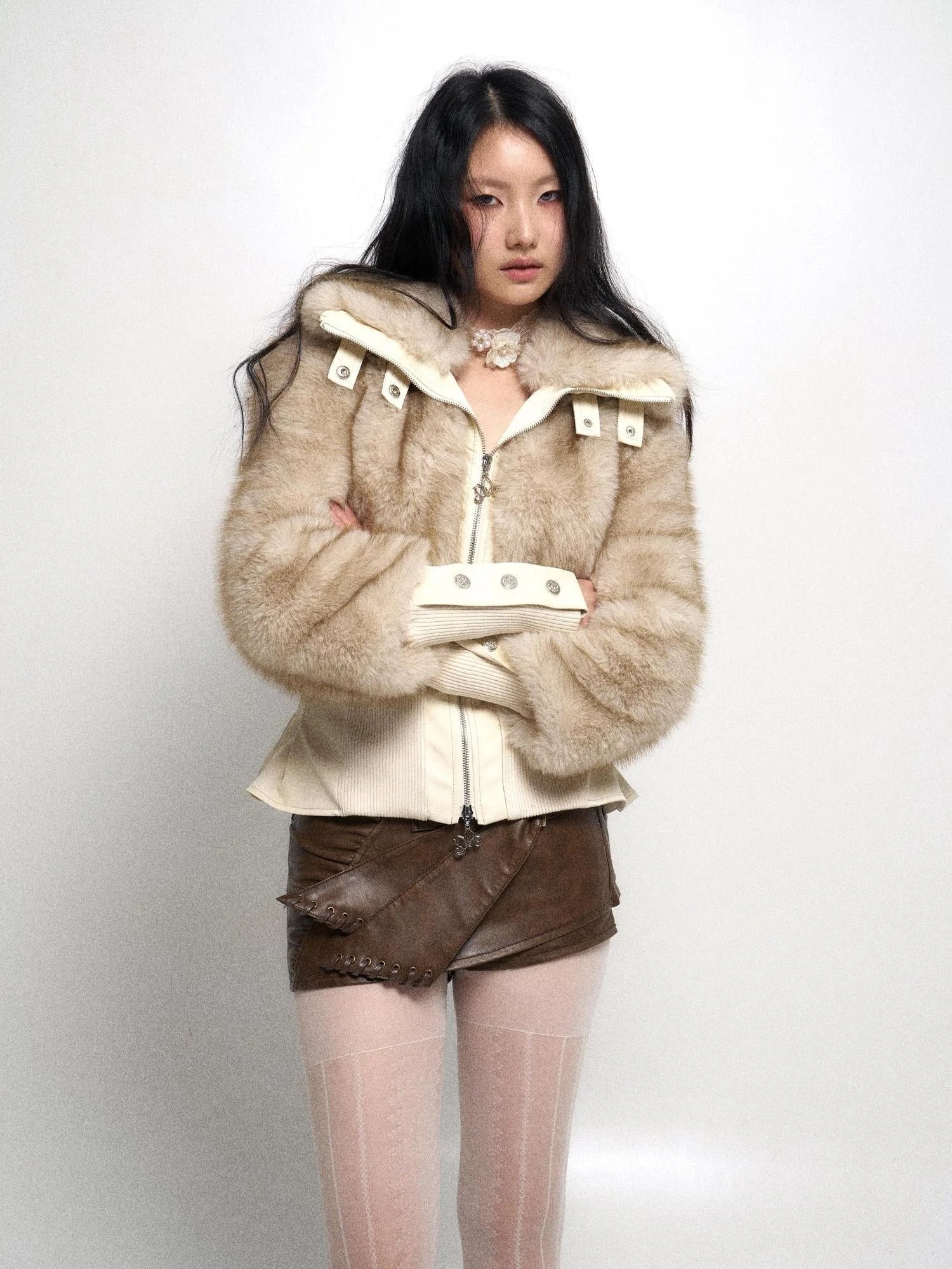 Off White Faux Fur High Neck Slim Fit Jacket With Thick Warm Inner