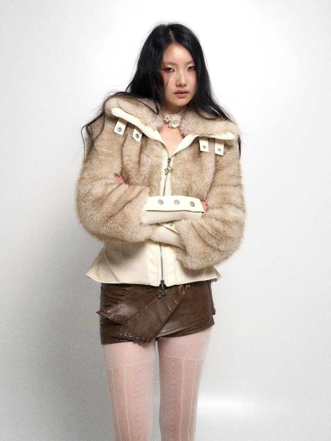 Flowers birds Market Off White Faux Fur High Neck Slim Fit Jacket With Thick Warm Inner