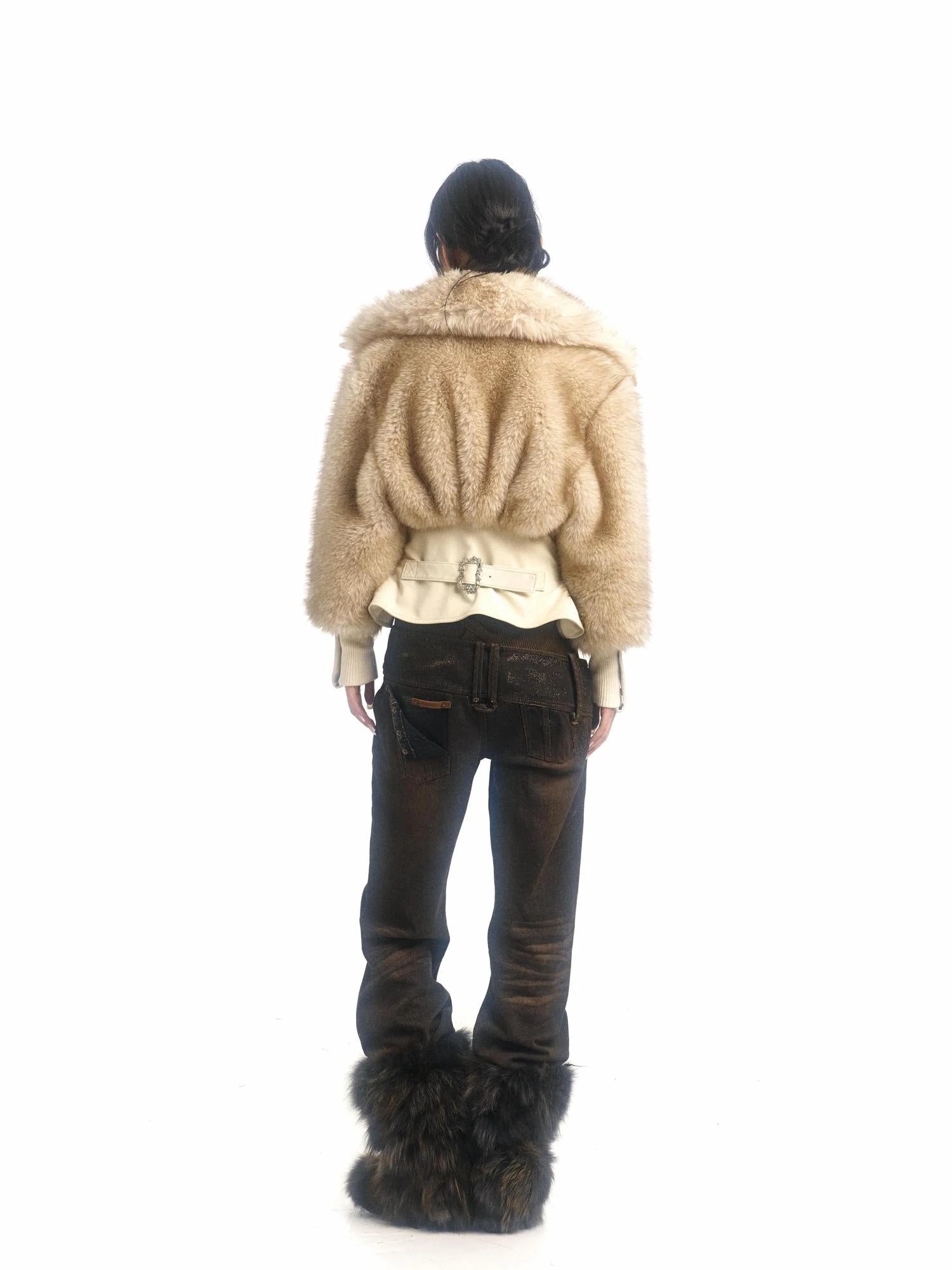 Off White Faux Fur High Neck Slim Fit Jacket With Thick Warm Inner