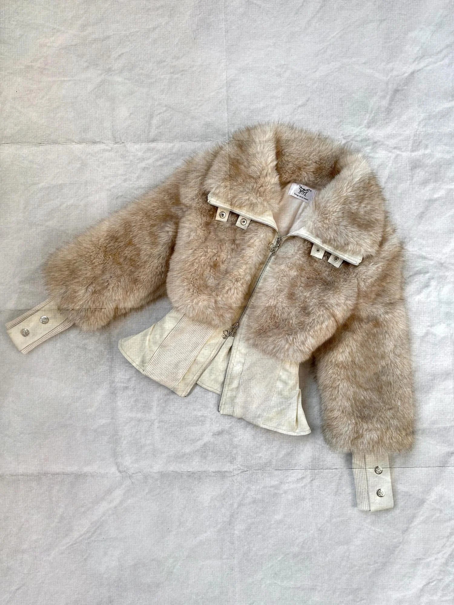 Off White Faux Fur High Neck Slim Fit Jacket With Thick Warm Inner