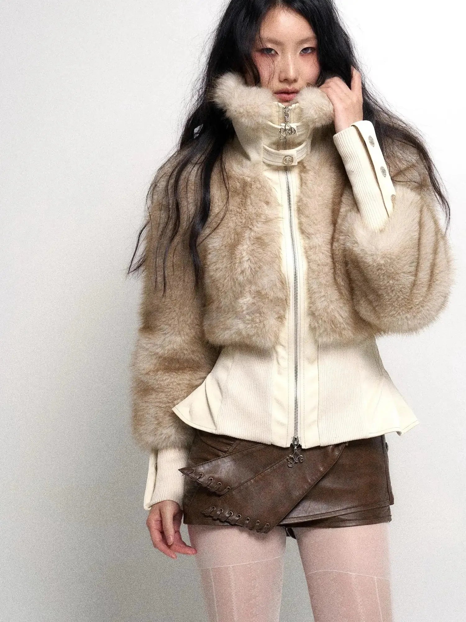 Off White Faux Fur High Neck Slim Fit Jacket With Thick Warm Inner