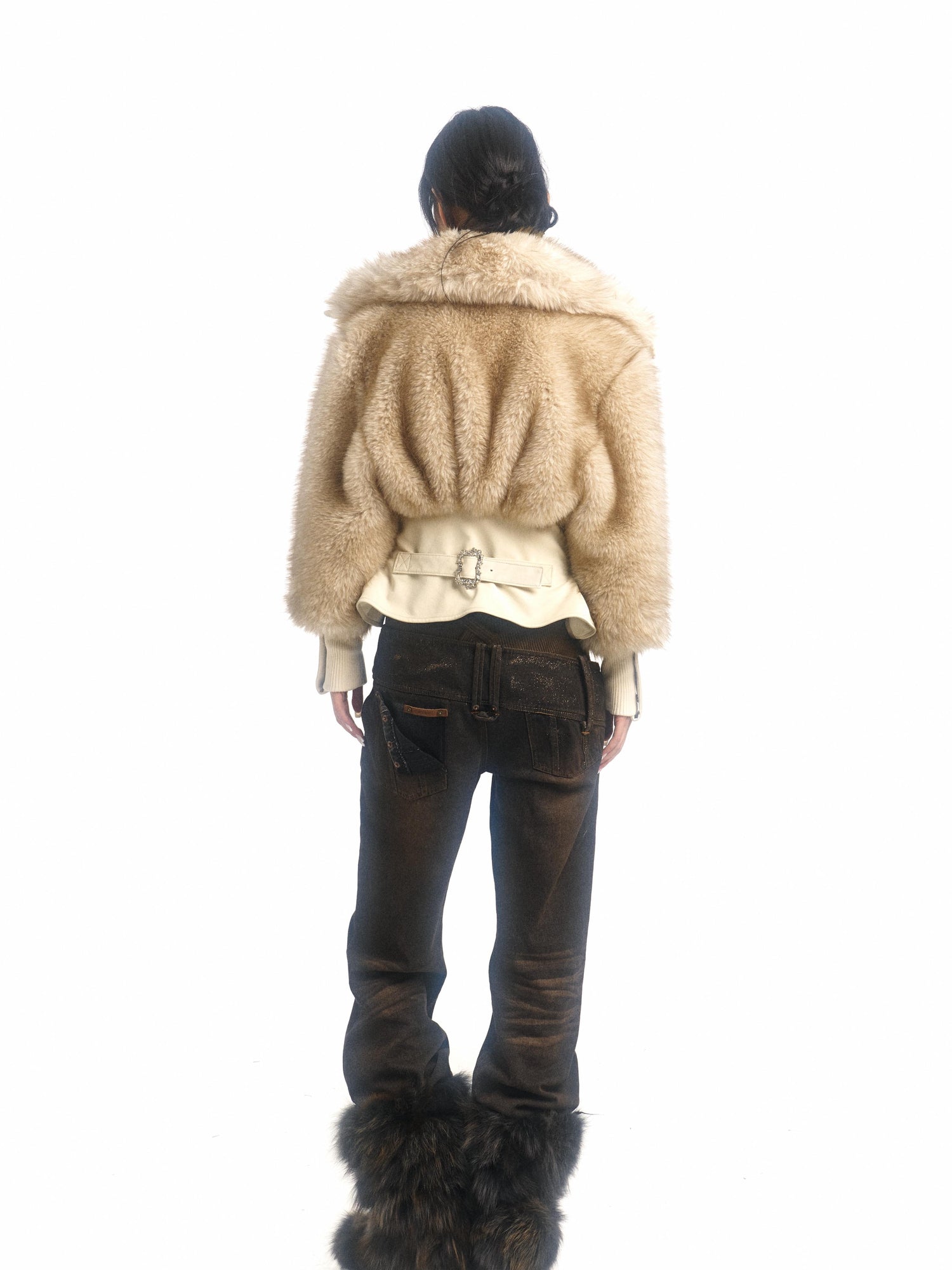 Flowers birds Market Off White Faux Fur High Neck Slim Fit Jacket With Thick Warm Inner