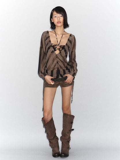 Flowers birds Market Oversized Plunge Neckline Striped Tunic Top