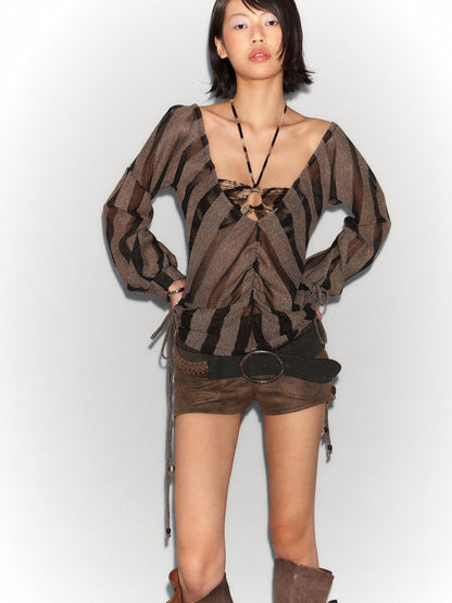 Flowers birds Market Oversized Plunge Neckline Striped Tunic Top