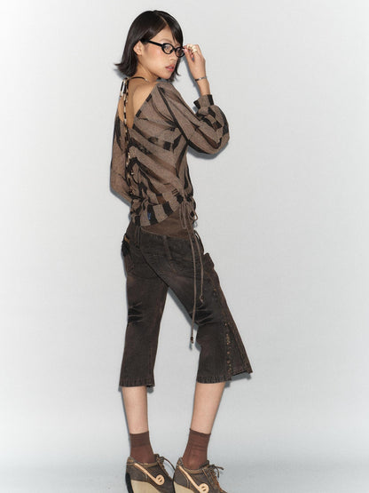 Flowers birds Market Oversized Plunge Neckline Striped Tunic Top