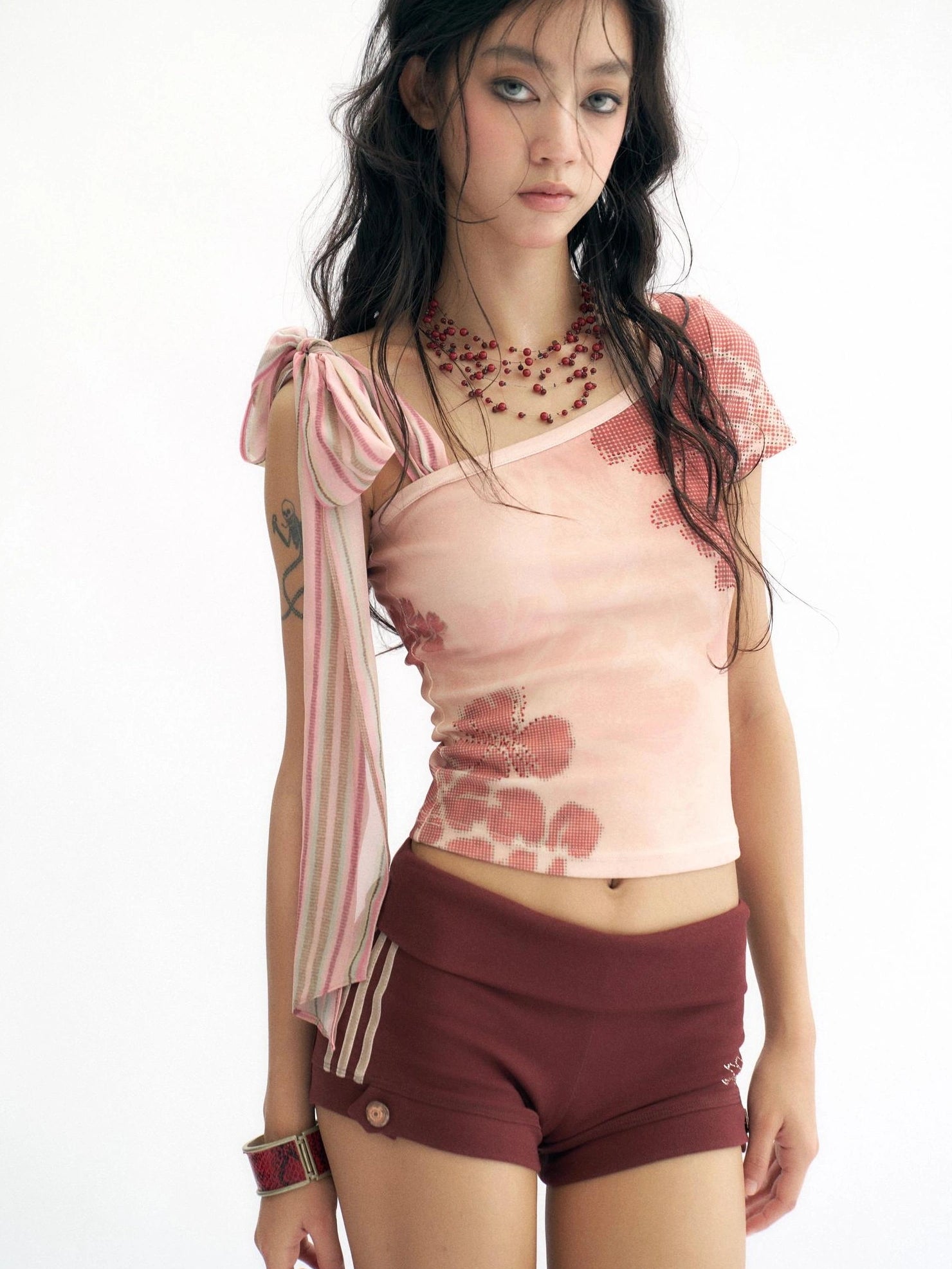 Flowers birds Market Pink Floral Rhinestone Y2K Asymmetric Slim Fit Women Cotton Short Sleeve T-Shirt