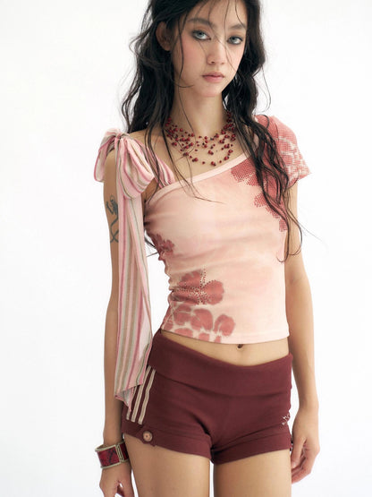 Flowers birds Market Pink Floral Rhinestone Y2K Asymmetric Slim Fit Women Cotton Short Sleeve T-Shirt