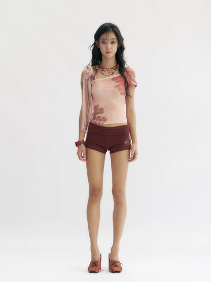 Flowers birds Market Pink Floral Rhinestone Y2K Asymmetric Slim Fit Women Cotton Short Sleeve T-Shirt