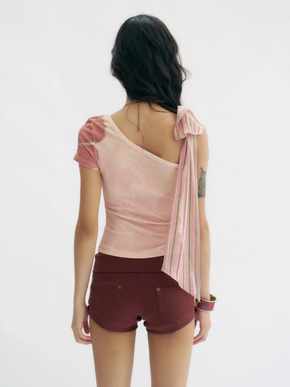 Flowers birds Market Pink Floral Rhinestone Y2K Asymmetric Slim Fit Women Cotton Short Sleeve T-Shirt