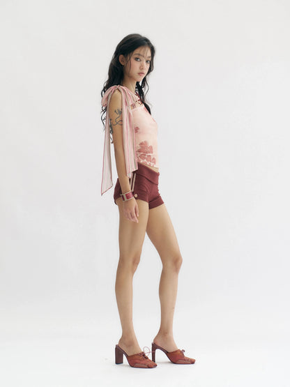 Flowers birds Market Pink Floral Rhinestone Y2K Asymmetric Slim Fit Women Cotton Short Sleeve T-Shirt