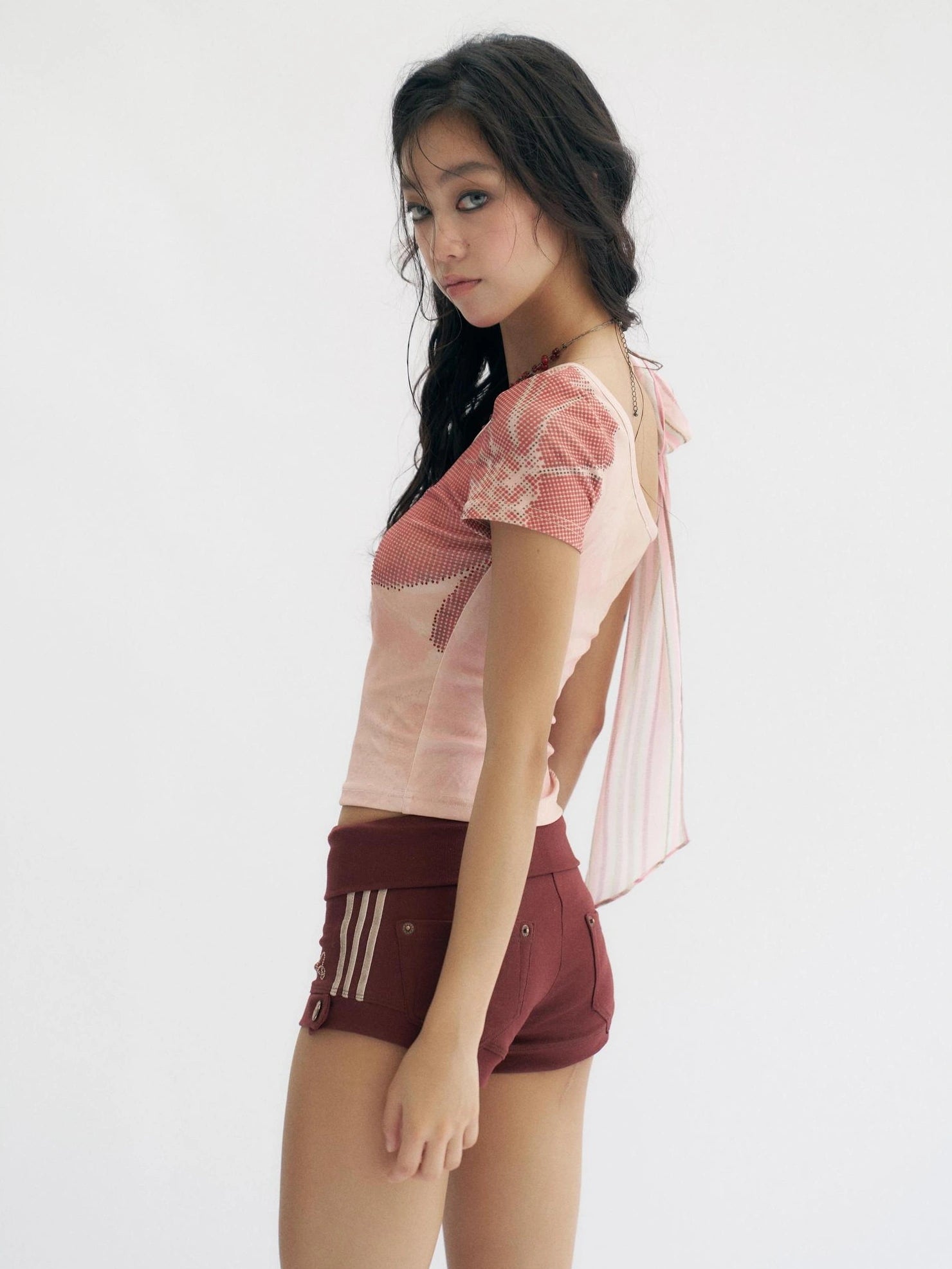 Flowers birds Market Pink Floral Rhinestone Y2K Asymmetric Slim Fit Women Cotton Short Sleeve T-Shirt