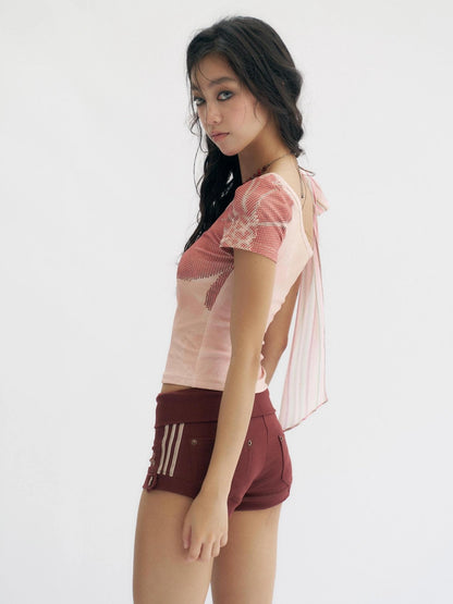 Flowers birds Market Pink Floral Rhinestone Y2K Asymmetric Slim Fit Women Cotton Short Sleeve T-Shirt