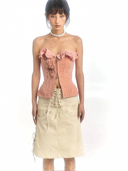 Pink Printed Deformable Pleated Lace Corset Zipper Tie V-Neck Top