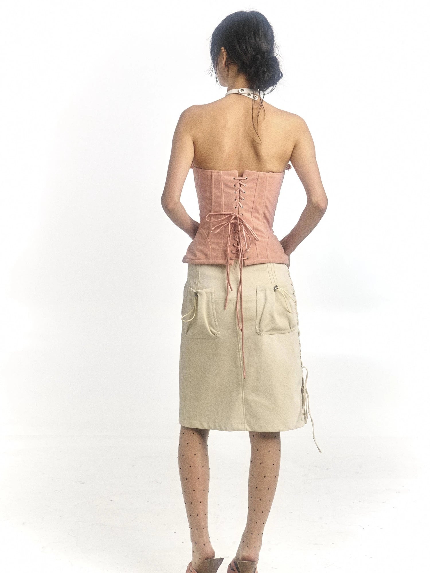 Pink Printed Deformable Pleated Lace Corset Zipper Tie V-Neck Top