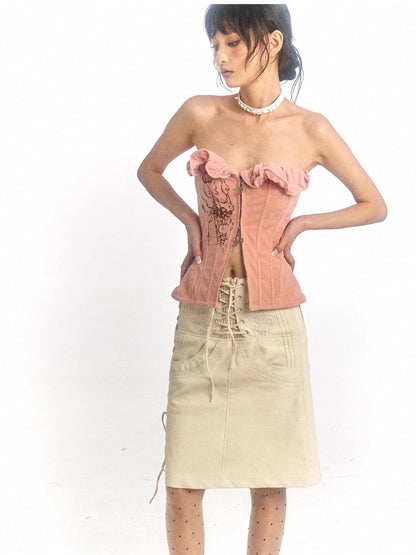 Pink Printed Deformable Pleated Lace Corset Zipper Tie V-Neck Top