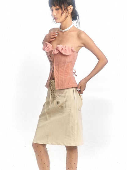 Flowers birds Market Pink Printed Deformable Pleated Lace Corset Zipper Tie V-Neck Top