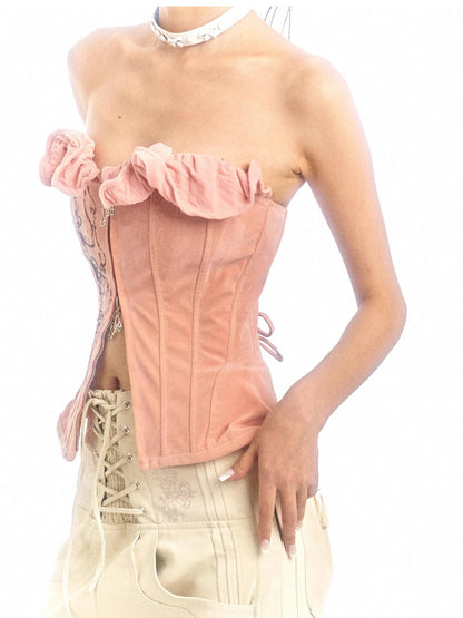 Pink Printed Deformable Pleated Lace Corset Zipper Tie V-Neck Top